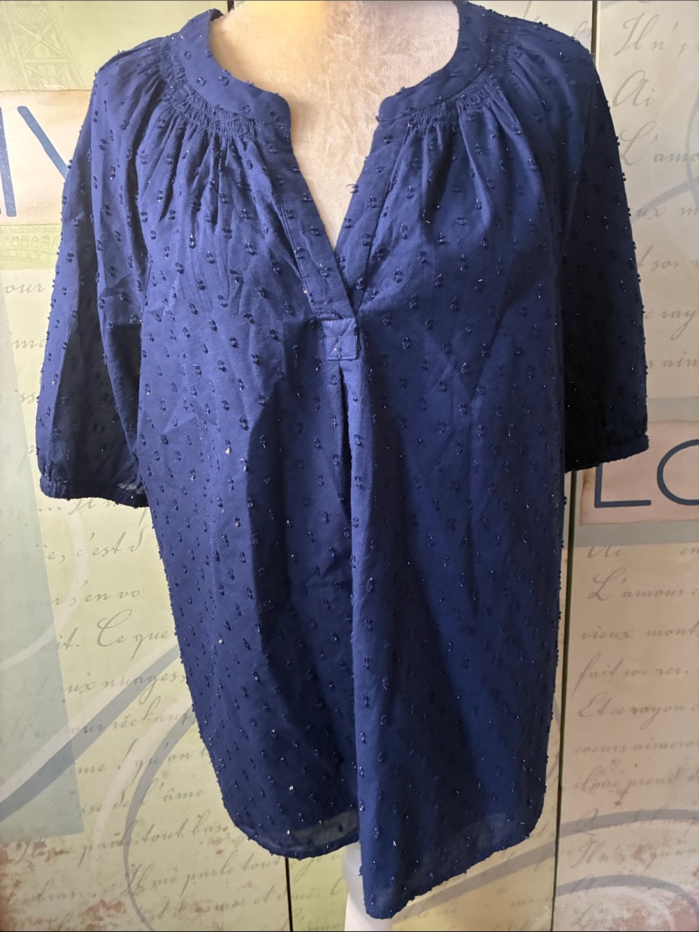 crown & ivy Navy Textured Peasant Top XL NWT